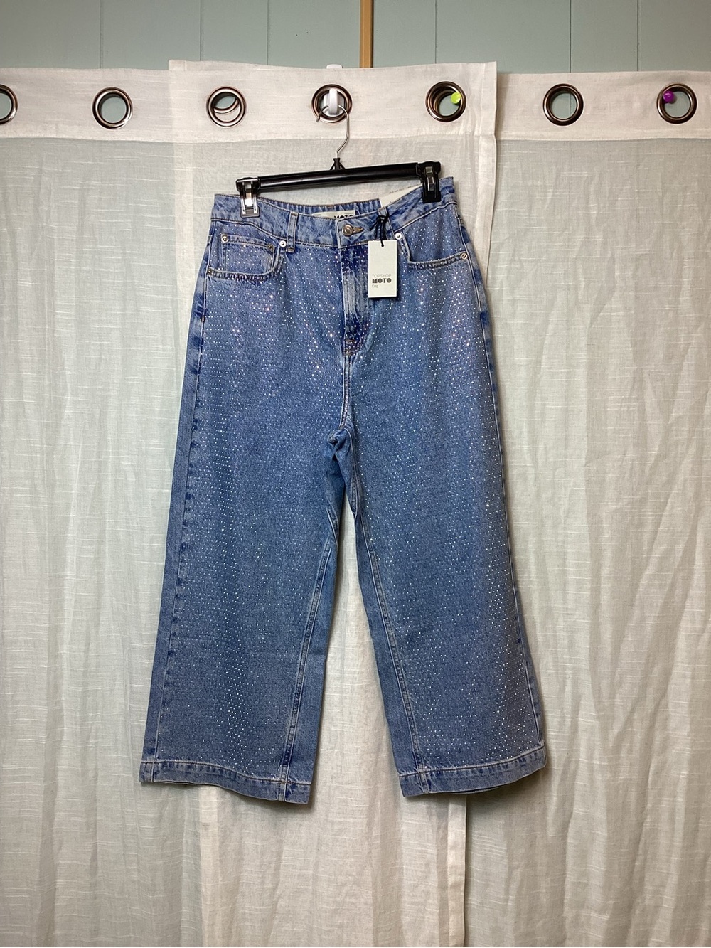 NWT TopShop Moto Crop Rhinestone Embellished Wide-Leg Jeans; Size: 12